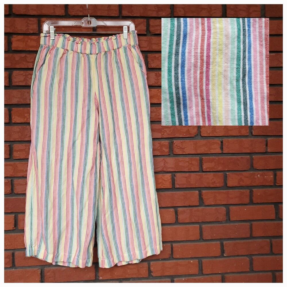 Loft Wide Leg Pull on Pants Sz S Linen Blend Rainbow Stripe Pride Beachy Coastal
